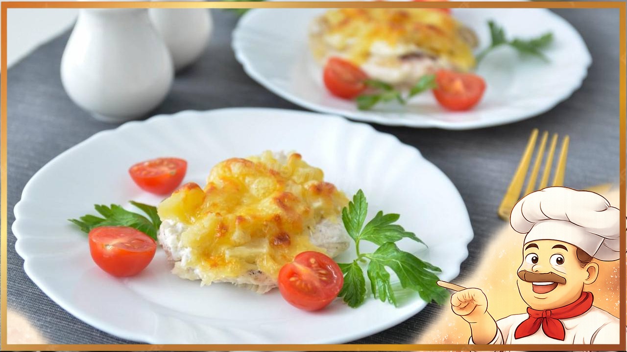 Курица, запеченная с ананасами и сыром