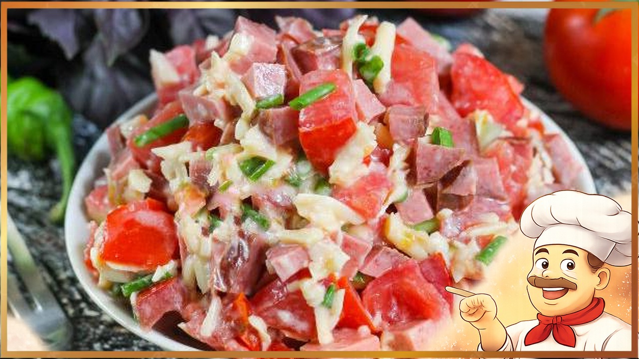 Салат с помидорами, колбасой и сыром
