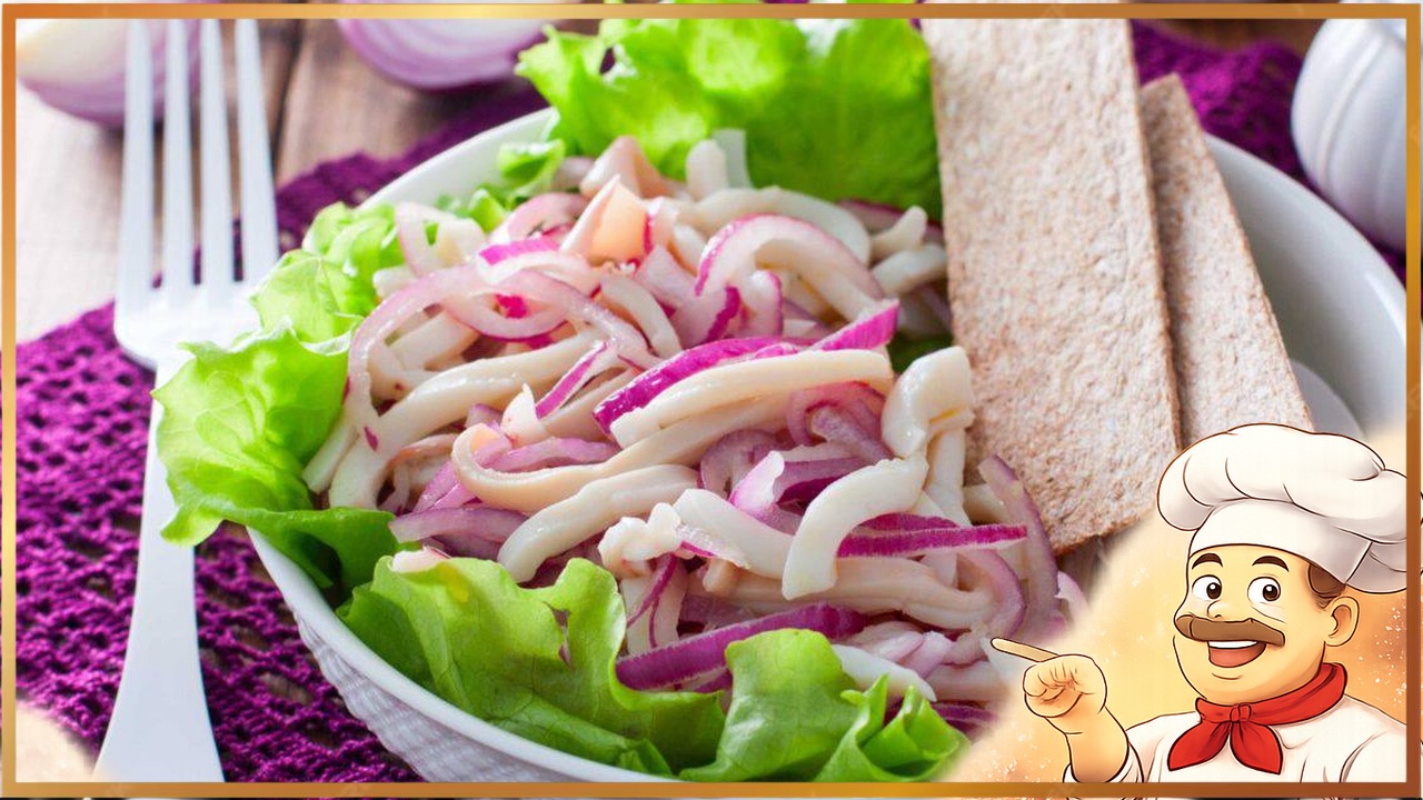 Салат с маринованными кальмарами и луком