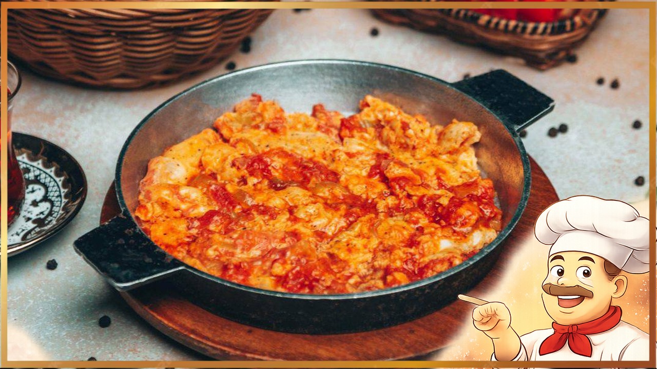 Яичница с помидорами и луком на сковороде