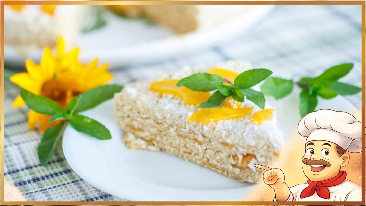 Торт из вафельных коржей с консервированными персиками