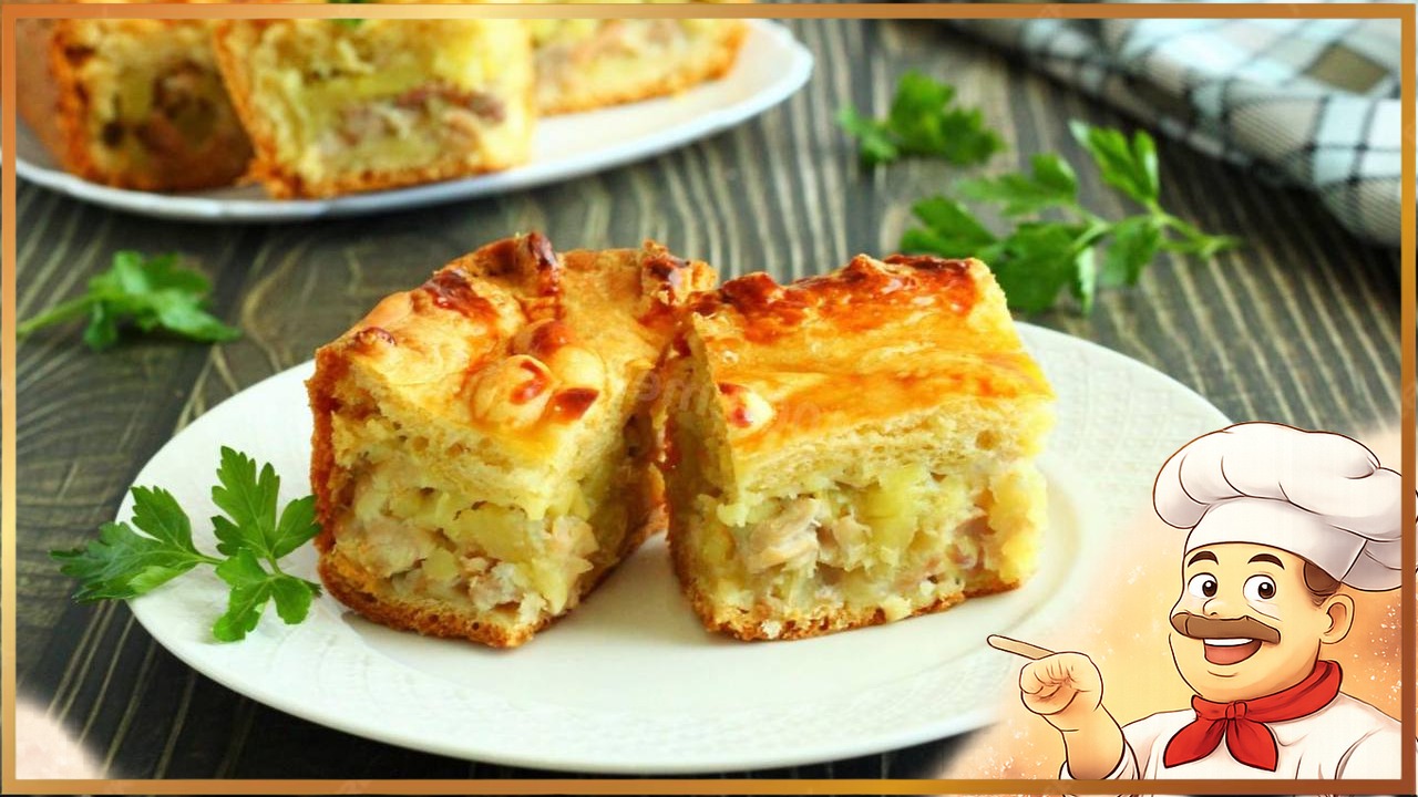 Пирог с курицей и картошкой из слоёного теста