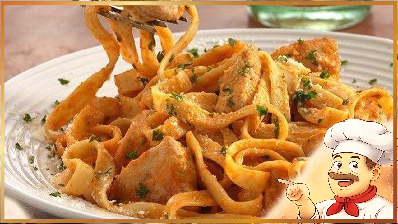 Фетучини с курицей в сливочно-томатном соусе