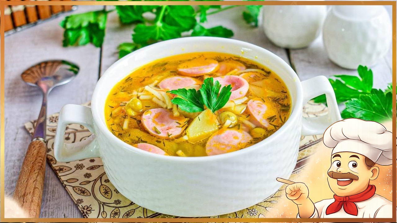 Простой овощной суп с сосисками