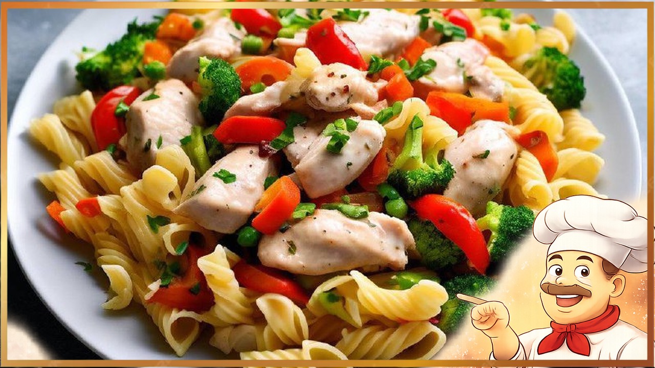Паста с курицей и овощами