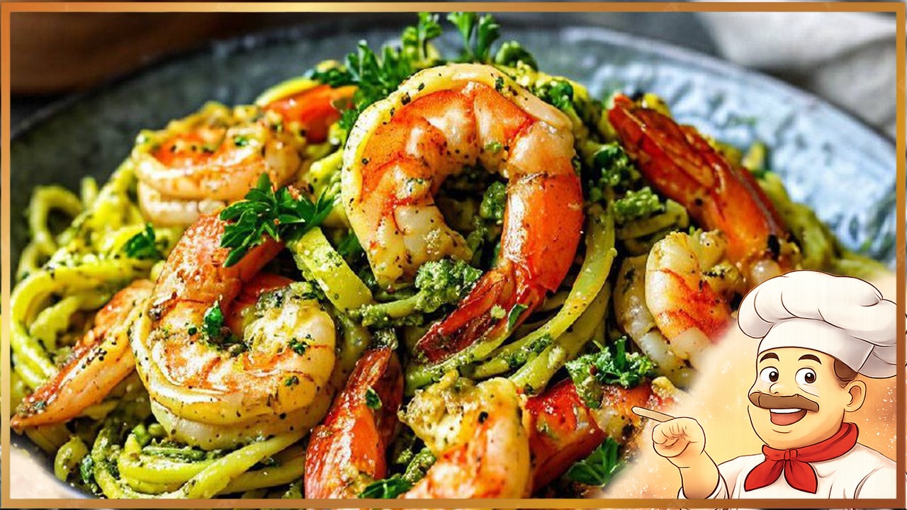 Паста с креветками и соусом песто