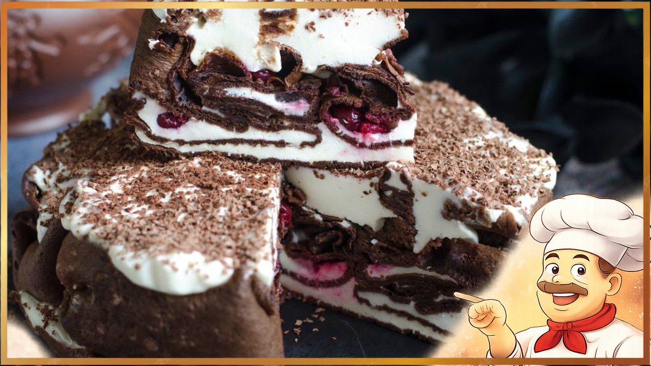 Шоколадный блинный торт с вишней