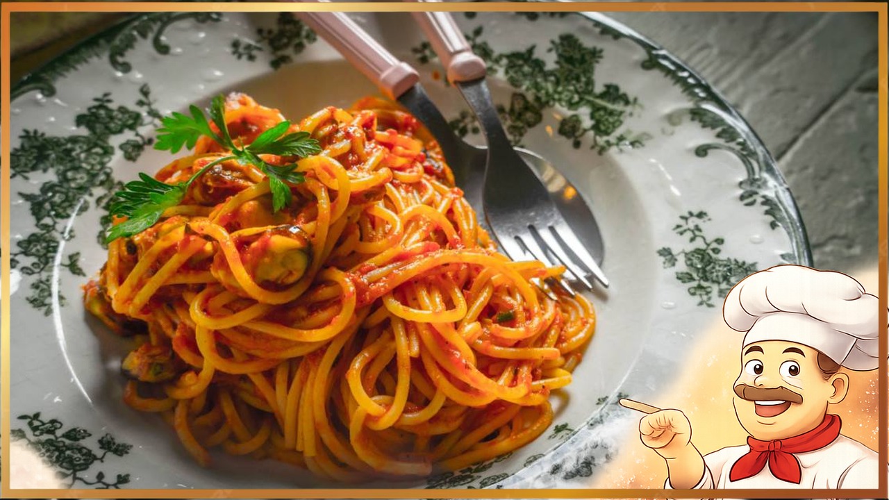 Паста с мидиями и овощным соусом