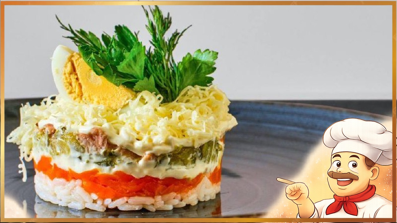 Слоёный салат с говядиной, рисом и огурцами