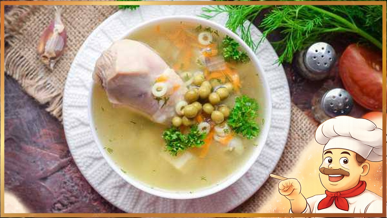 Куриный суп с макаронами и зелёным горошком