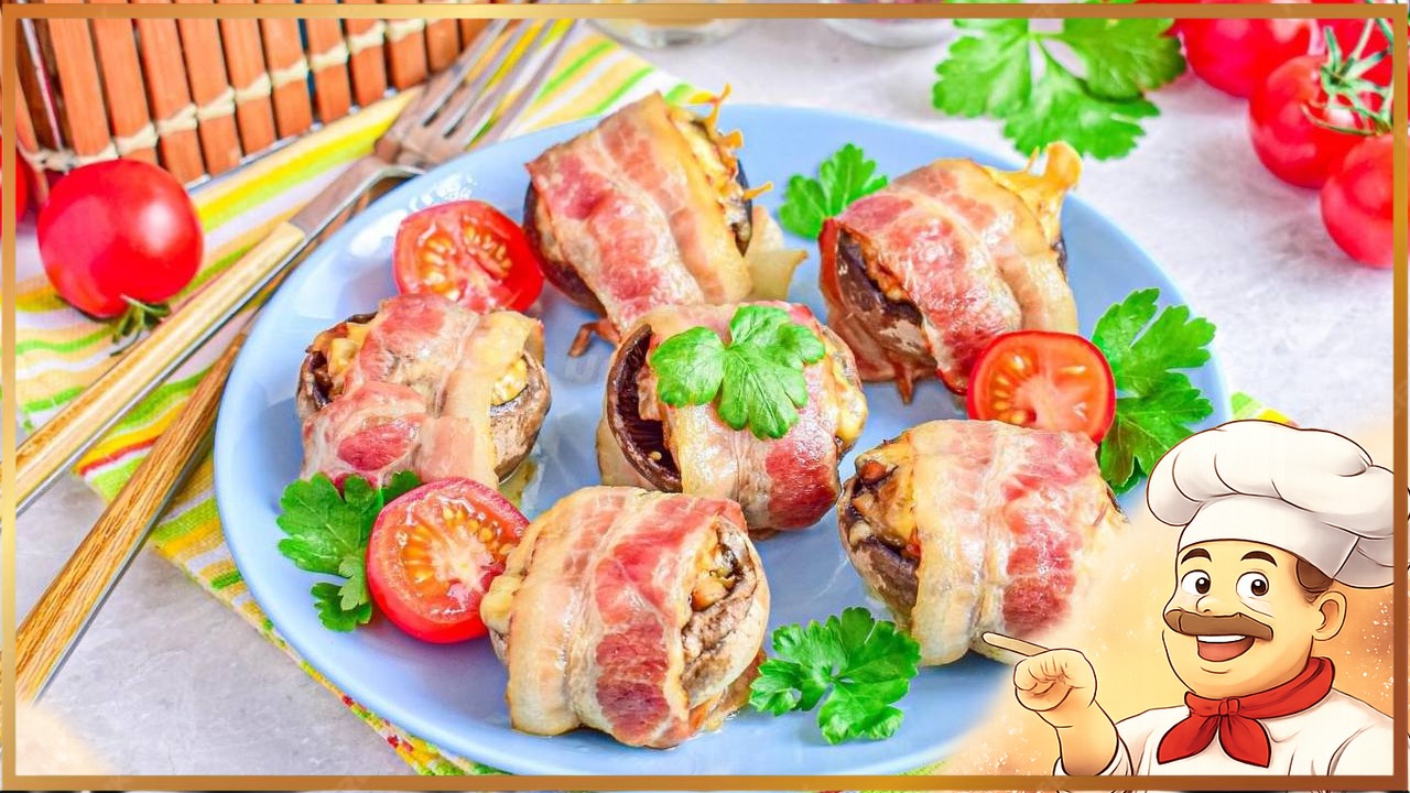 Шампиньоны в беконе, фаршированные сыром