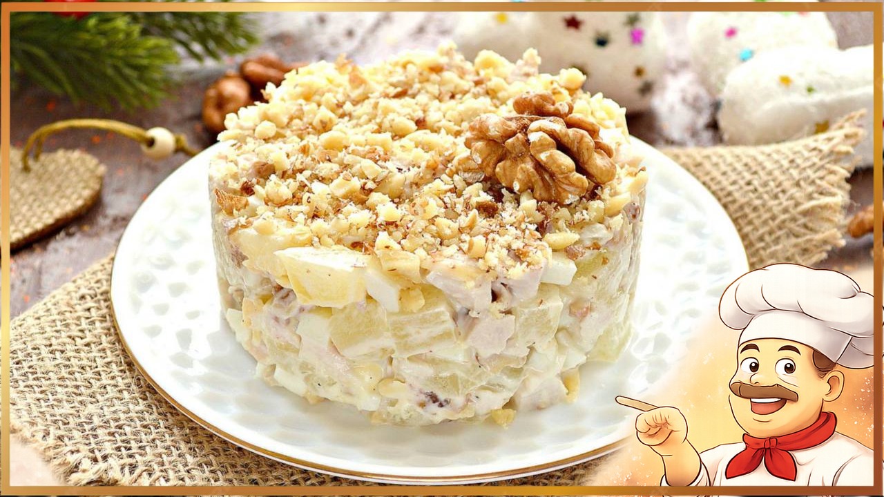 Салат с курицей, ананасом и орехами