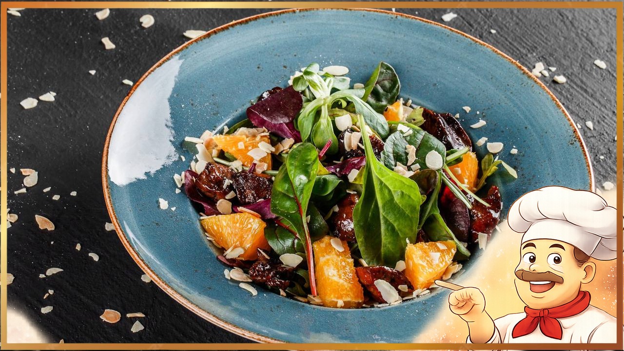 Теплый салат с куриной печенью и апельсинами
