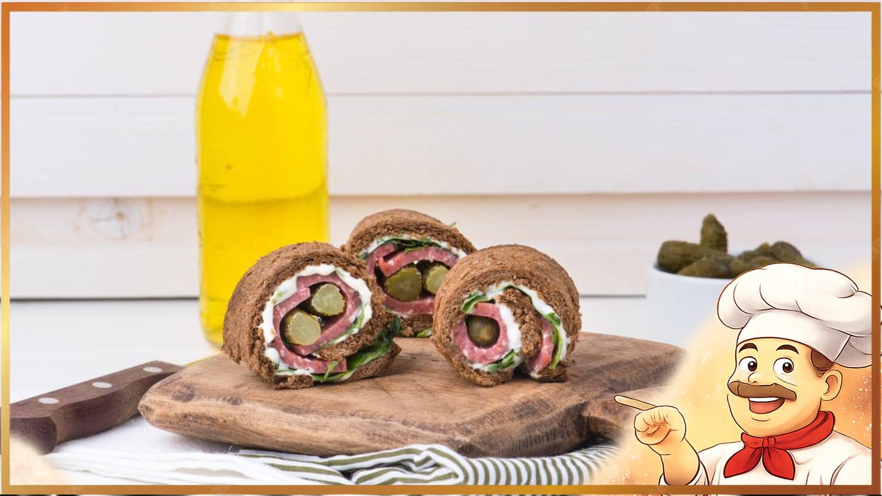 Рулет из черного хлеба с колбасой