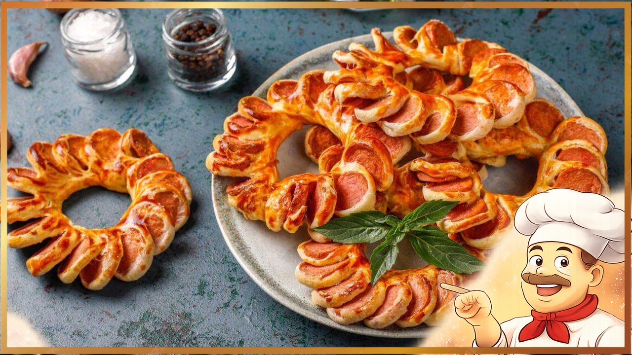 Колечки из сосисок в слоёном тесте