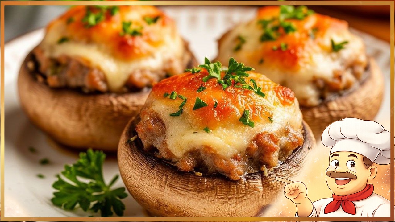 Шампиньоны, фаршированные свининой и сыром