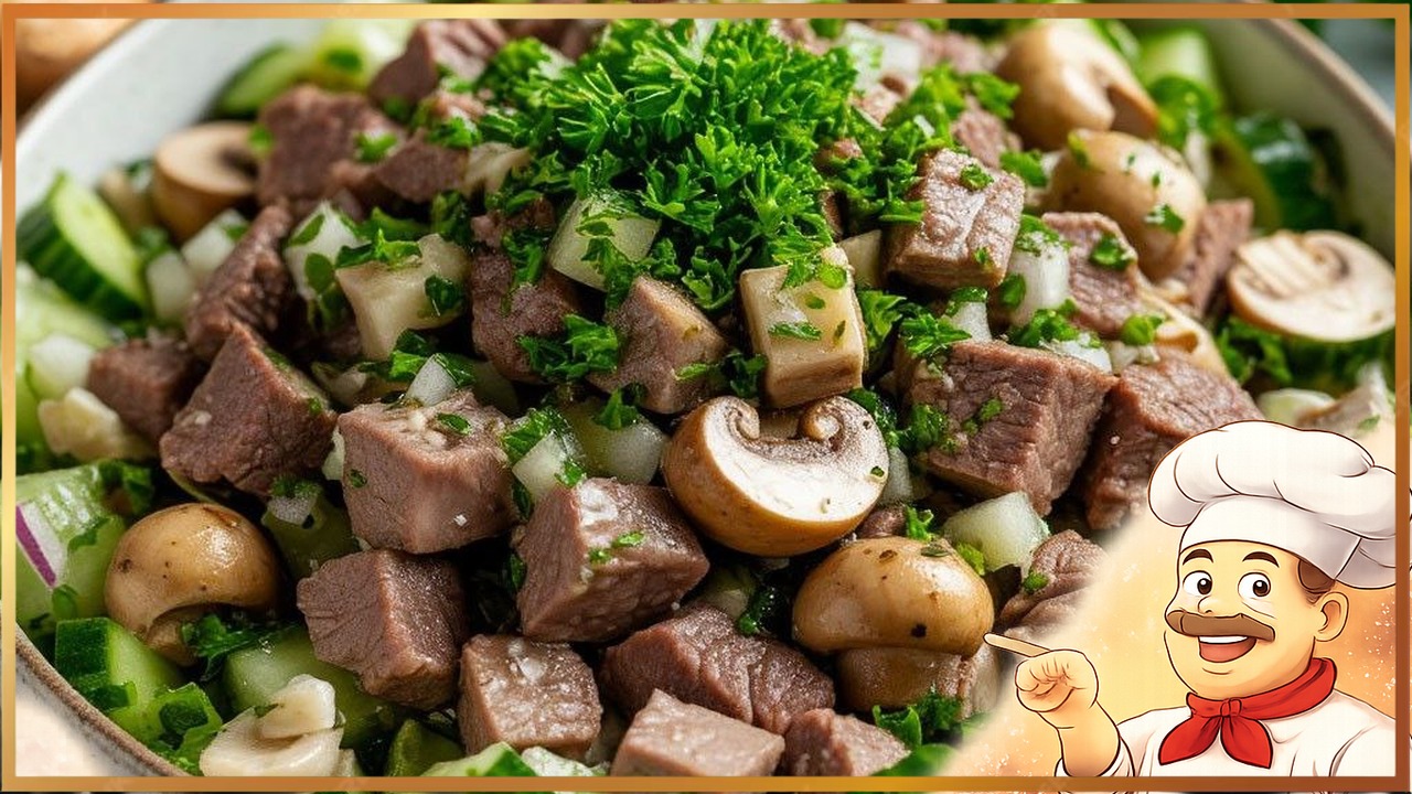 Салат с языком, огурцами и грибами