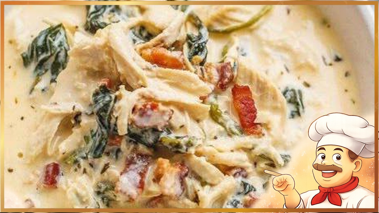 Густой куриный суп со сливочным сыром, шпинатом и беконом