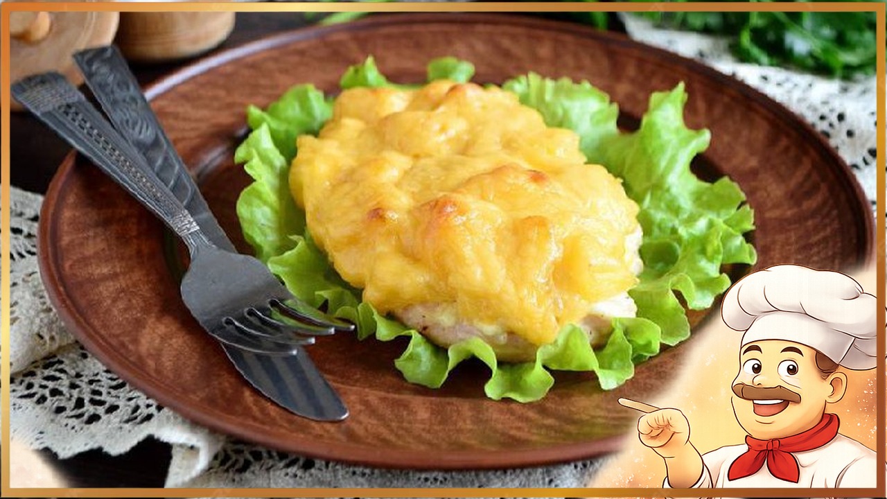 Курица, запеченная с ананасами и сыром